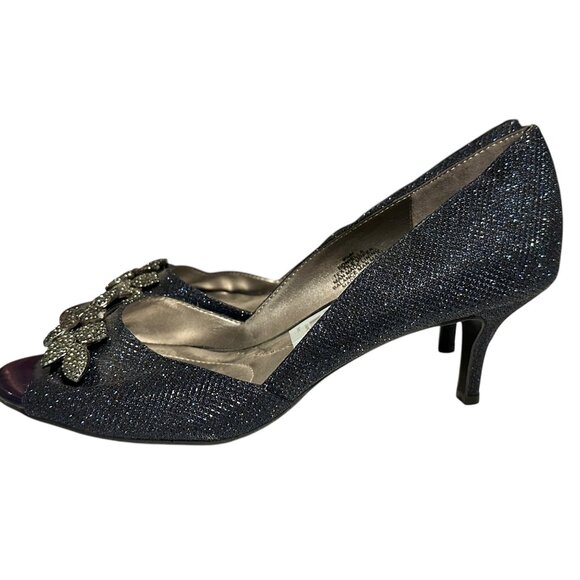 π 2/$30 π New Bandolino Navy Glitter Peep Toe Heels With Rhinestone Accent 9.5 - Picture 3 of 5